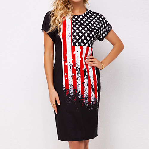 

Women's A Line Dress Knee Length Dress Black Short Sleeve Flag Summer Round Neck Elegant Casual 2021 S M L XL XXL 3XL 4XL