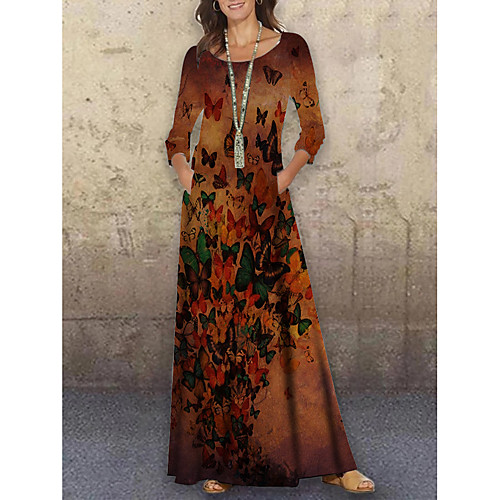 

Women's Shift Dress Maxi long Dress Yellow 3/4 Length Sleeve Print Animal Print Spring Summer Round Neck Casual Holiday 2021 S M L XL XXL 3XL