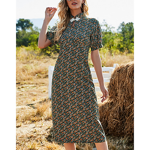 

Women's Shift Dress Midi Dress Green Short Sleeve Print Geometric Button Print Spring Summer Round Neck Elegant Casual 2021 S M L XL