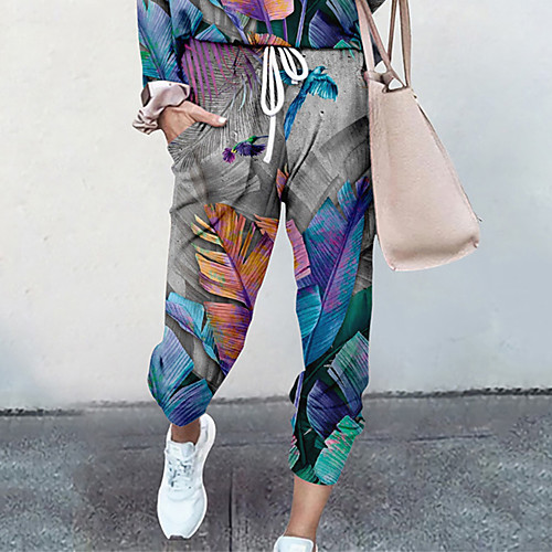 

Women's Basic Soft Comfort Going out Gym Palazzo Pants Plants Tropical Full Length Pocket Elastic Drawstring Design Print Blue Gray