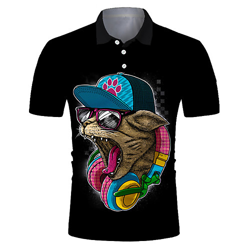 

Men's Golf Shirt Tennis Shirt 3D Print Cat Animal Button-Down Short Sleeve Street Tops Casual Fashion Cool Breathable Black / Sports