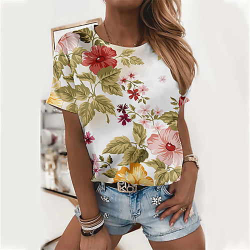 

Women's Floral Theme Painting T shirt Floral Flower Print Round Neck Basic Tops White Red