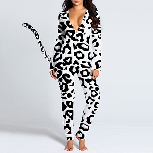 

Women's Active Plunging White Black Red Jumpsuit Striped Leopard Print