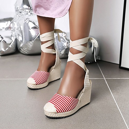 

Women's Sandals Lace up Wedge Sandals Espadrilles Wedge Heel Round Toe PU Synthetics Red Blue / Platform Sandals