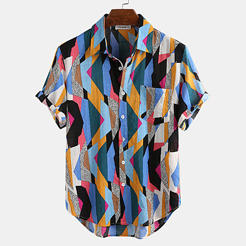 

Men's Shirt Geometry Button-Down Short Sleeve Casual Tops Lightweight Casual Fashion Breathable Blue Blushing Pink Green