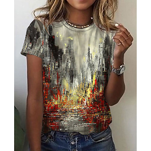 

Women's Abstract Geometric Painting T shirt Graphic Scenery Print Round Neck Basic Tops Blue Yellow