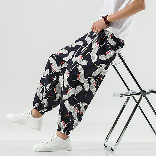 

Men's Chinoiserie Folk Style Outdoor Loose Daily Home Harem Loose Jogger Chinos Pants Solid Colored Ankle-Length Baggy Drawstring Black