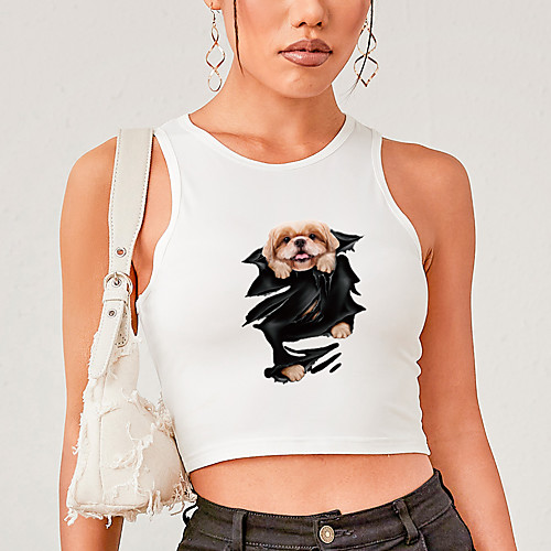 

Women's Crop Top Tank Top Vest Dog 3D Animal Print Round Neck Basic Sexy Tops Slim White Black Blushing Pink