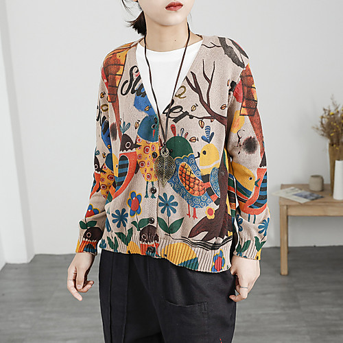 

qd010#autumn new sweater women loose print coat literary retro leisure knitting temperament outer jacket