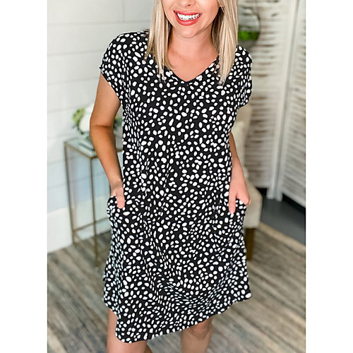 

Women's A Line Dress Short Mini Dress Khaki Black Short Sleeve Polka Dot Print Patchwork Print Fall Summer V Neck Casual 2021 S M L XL