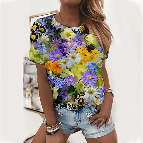 

Women's Floral Theme 3D Printed Painting T shirt Floral 3D Flower Print Round Neck Basic Tops Purple Orange