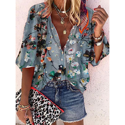 

Women's Blouse Shirt Floral Print Shirt Collar Tops Gray