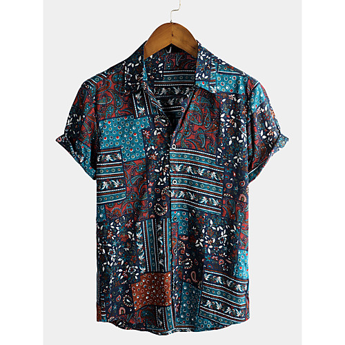 

Men's Shirt Tribal Short Sleeve Daily Tops Cotton Basic Boho Classic Collar Navy Blue / Beach