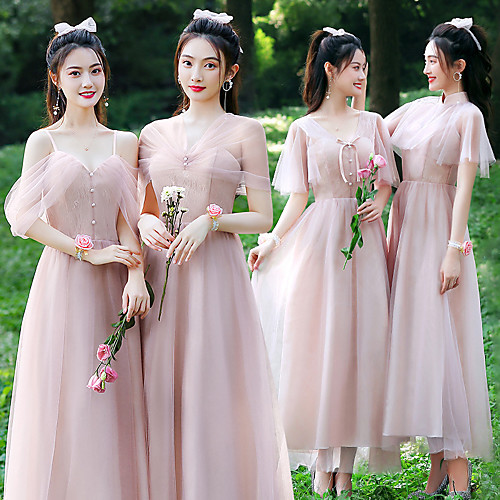 

flesh pink fairy cute bridesmaid dress skirt 2021 summer v-neck clavicle bridesmaid flying sleeve dress female