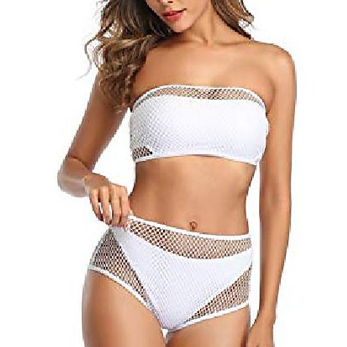 

women's bandeau swimsuit bikini high waist two piece swimsuits grid bathing suit (white, x- large)