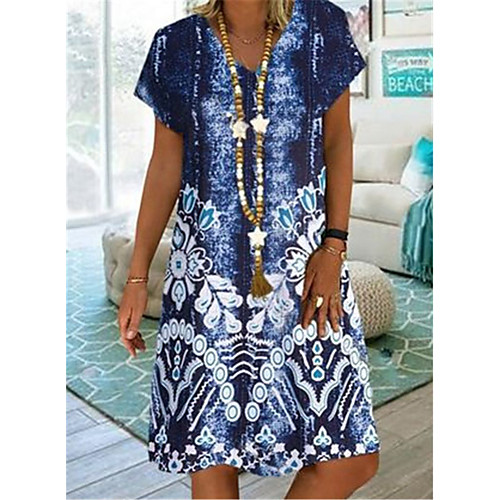 

Women's A Line Dress Knee Length Dress Blue Gray Short Sleeve Tie Dye Summer V Neck Elegant Casual 2021 S M L XL XXL 3XL 4XL 5XL