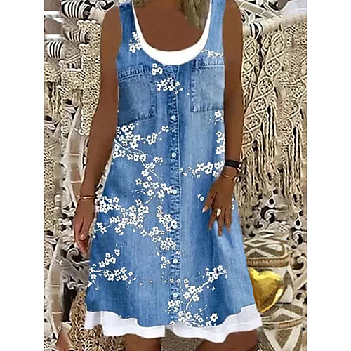 

Women's Shift Dress Knee Length Dress Blue Gray Brown Light Blue Sleeveless Floral Fake two piece Print Summer Boat Neck Chic & Modern Casual Loose 2021 S M L XL XXL 3XL 4XL