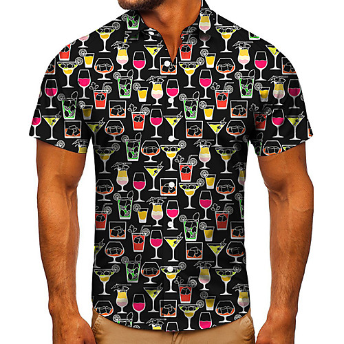 

Men's Shirt 3D Print Graphic Prints Drink Button-Down Short Sleeve Street Tops Casual Fashion Classic Breathable Black