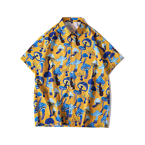 

Men's Shirt 3D Print Cartoon Mushroom Button-Down Print Short Sleeve Casual Tops Cartoon Casual Yellow