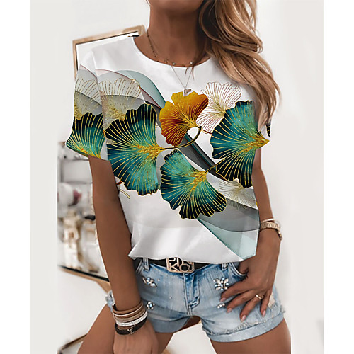 

Women's Painting T shirt Plants Graphic Print Round Neck Basic Tops White