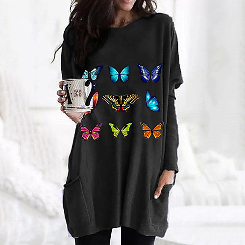 

Women's T shirt Dress Graphic Butterfly Long Sleeve Pocket Round Neck Tops Basic Basic Top White Black Fuchsia