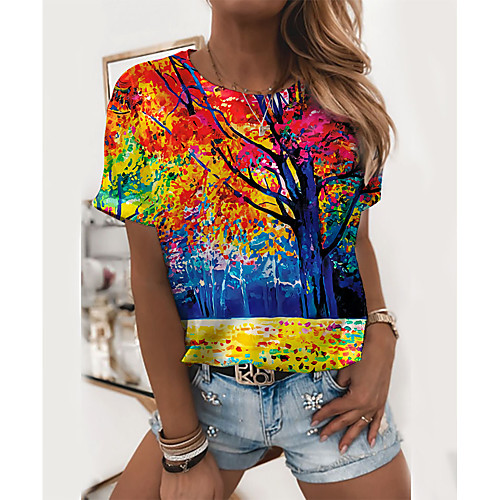

Women's Painting T shirt Plants Scenery Print Round Neck Basic Tops Red