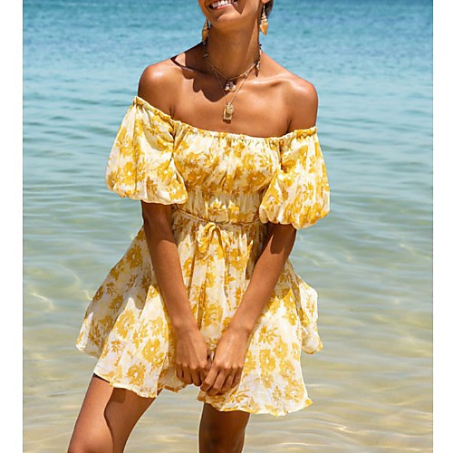 

Women's Swing Dress Short Mini Dress Yellow Green Short Sleeve Print Spring Summer Casual / Daily 2021 S M L XL