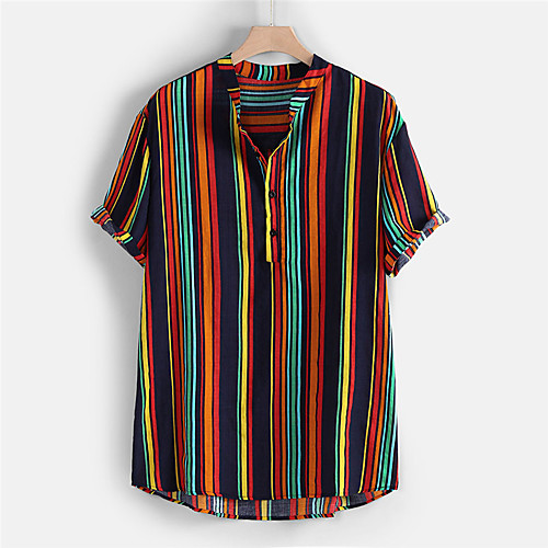 

Men's Shirt Striped Button-Down Short Sleeve Casual Tops Lightweight Casual Fashion Breathable Red