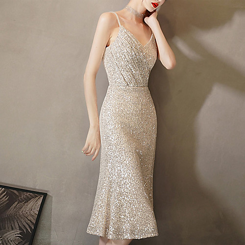 

Mermaid / Trumpet Sparkle Sexy Homecoming Party Wear Dress Spaghetti Strap Sleeveless Knee Length Sequined with Sequin 2021