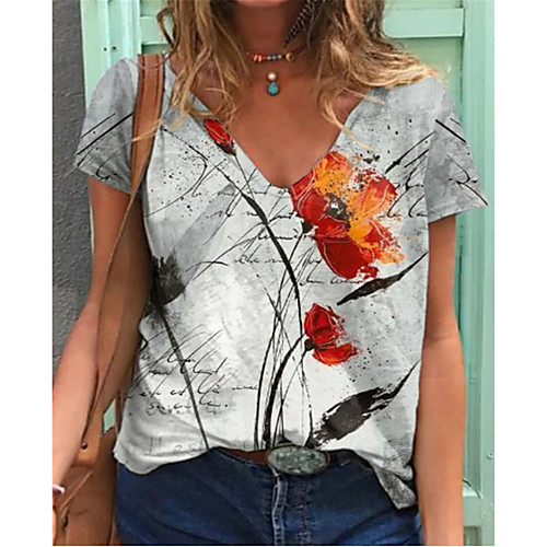 

Women's T shirt Flower Round Neck Tops Basic Basic Top Rainbow