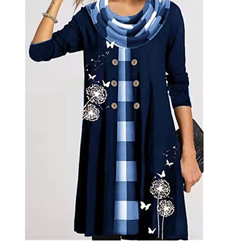 

Women's A Line Dress Knee Length Dress Blue Long Sleeve Pattern Summer Casual 2021 XS S M L XL XXL