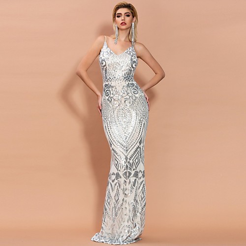 

Mermaid / Trumpet Beautiful Back Sexy Engagement Formal Evening Dress V Neck Sleeveless Sweep / Brush Train Spandex with Pattern / Print 2021