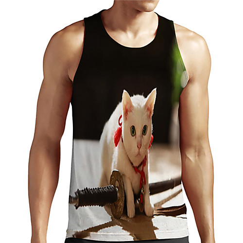 

Men's Unisex Tank Top Undershirt 3D Print Cat Graphic Prints Animal Plus Size Print Sleeveless Casual Tops Basic Designer Big and Tall Black