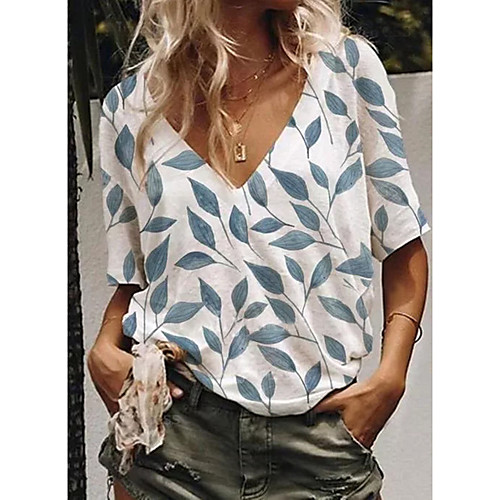 

Women's T shirt Leaf Print V Neck Tops Cotton Basic Basic Top White