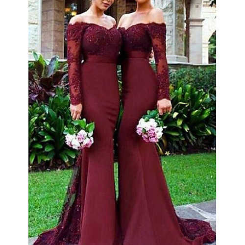 

Mermaid / Trumpet Off Shoulder Sweep / Brush Train Chiffon / Lace Bridesmaid Dress with Lace