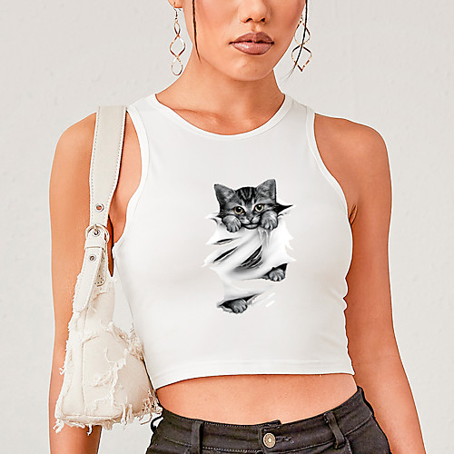 

Women's Crop Top Tank Top Vest Cat 3D Animal Print Round Neck Basic Sexy Tops Slim White Black Blushing Pink