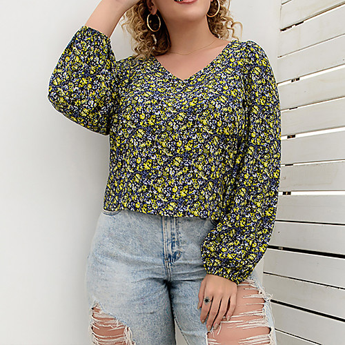 

Women's Plus Size Tops Blouse Floral Print Long Sleeve V Neck Yellow Big Size XXL 3XL 4XL 5XL
