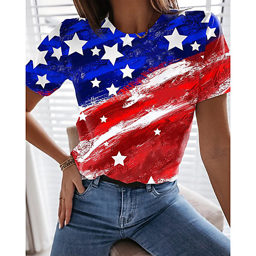 

Women's Abstract Painting T shirt Color Block American Flag National Flag Print Round Neck Basic Tops Blue