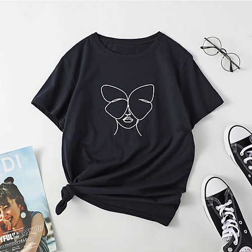 

Women's T shirt Butterfly Portrait Print Round Neck Tops Cotton Basic Basic Top Black Blue Red