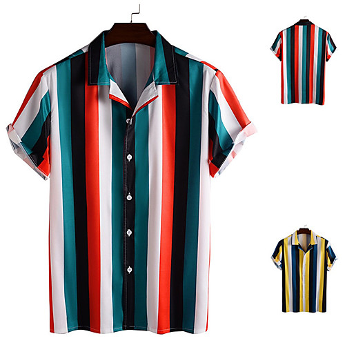 

Men's Shirt Striped Button-Down Short Sleeve Casual Tops Lightweight Casual Fashion Breathable Red Yellow