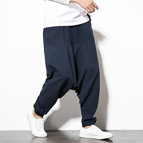 

Men's Chinoiserie Folk Style Outdoor Loose Daily Home Harem Loose Jogger Chinos Pants Solid Colored Ankle-Length Baggy Wine Black Navy Blue / Elasticity