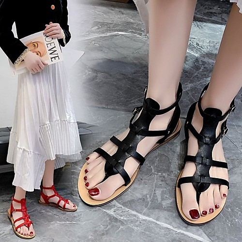 

Women's Sandals Gladiator Sandals Roman Sandals Flat Heel Round Toe PU Solid Colored Red Black Brown