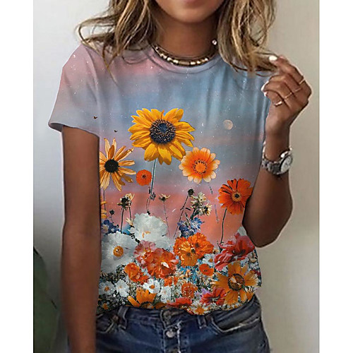 

Women's Floral Theme T shirt Floral Scenery 3D Print Round Neck Tops Basic Basic Top Orange