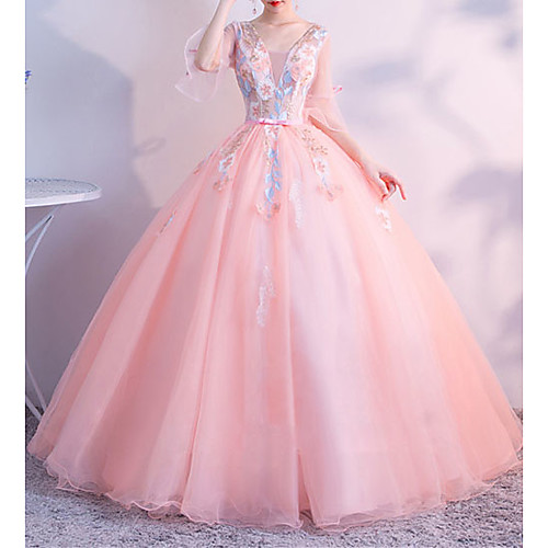 

Ball Gown Elegant Floral Quinceanera Prom Dress Scoop Neck Half Sleeve Floor Length Tulle with Appliques 2021