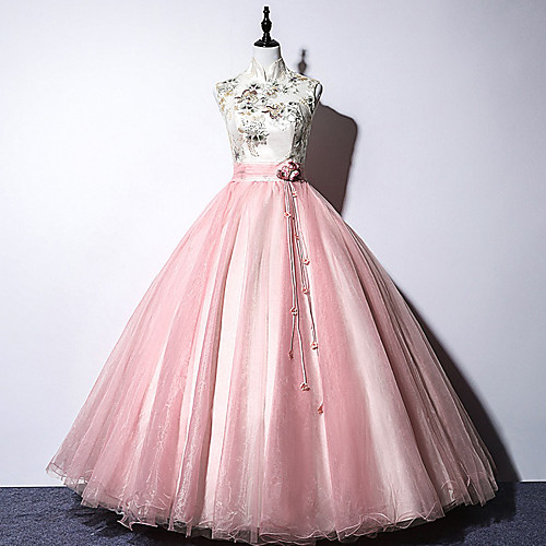 

Ball Gown Chinese Style Floral Quinceanera Prom Dress Stand Collar Sleeveless Floor Length Tulle with Pleats Embroidery 2021