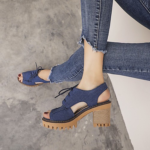 

Women's Sandals Lace up Chunky Heel Peep Toe PU Synthetics Black Dark Blue Light Blue
