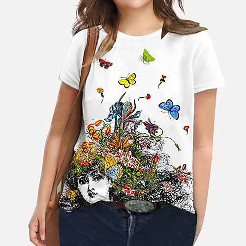 

Women's Plus Size Tops T shirt Graphic Butterfly Portrait Print Short Sleeve Crewneck Basic White Big Size XL XXL 3XL 4XL 5XL