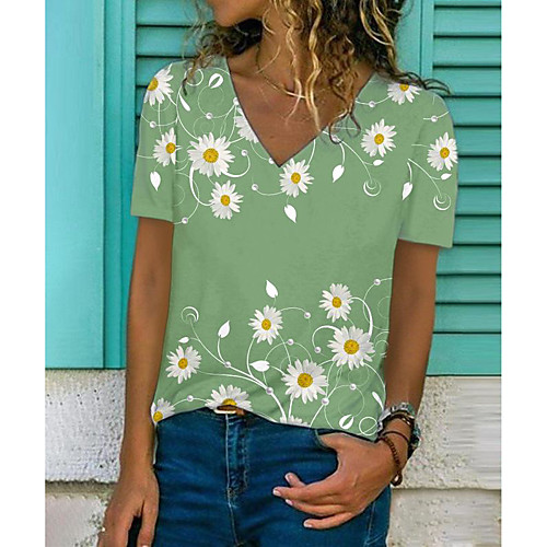 

Women's Floral Theme Painting T shirt Floral Daisy Print V Neck Basic Tops Green