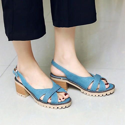 

Women's Sandals Chunky Heel Peep Toe PU Synthetics Black Dark Blue Light Blue