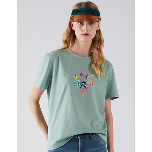 

Women's T shirt Dandelion Print Round Neck Basic Tops Black Khaki Green